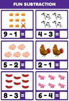 Lernspiel für Kinder Spaßsubtraktion durch Zählen und Eliminieren von niedlichem Cartoon-Käse-Kuhfleisch-Huhn-Wurst-Schwein-Arbeitsblatt zum Ausdrucken auf dem Bauernhof vektor