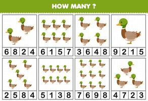 utbildning spel för barn räkning på vilket sätt många objekt i varje tabell av tecknad serie Anka tryckbar bruka kalkylblad vektor