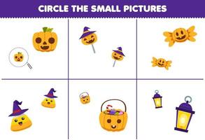 bildungsspiel für kinder kreisen sie das kleine bild des druckbaren halloween-arbeitsblattes der niedlichen cartoon-mais-süßigkeits-kürbislaterne ein vektor