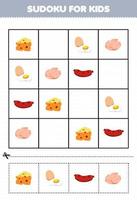 utbildning spel för barn sudoku för barn med söt tecknad serie ost ägg kyckling kött korv tryckbar bruka kalkylblad vektor