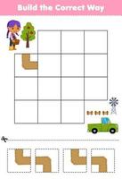Bildungsspiel für Kinder Bauen Sie den richtigen Weg, helfen Sie dem niedlichen Cartoon-Bauernmädchen, auf den Lastwagen umzuziehen vektor