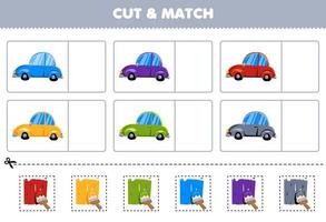 utbildning spel för barn skära och match de samma Färg av söt tecknad serie bil tryckbar transport kalkylblad vektor