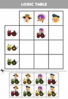 utbildning spel för barn logik tabell skära och match av söt tecknad serie jordbrukare och traktor bild tryckbar bruka kalkylblad vektor