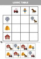 utbildning spel för barn logik tabell skära och match av söt tecknad serie traktor scarecrow häst väderkvarn höstack och ladugård bild tryckbar bruka kalkylblad vektor