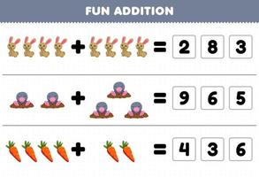 Lernspiel für Kinder Spaß Zusatz durch Erraten der richtigen Anzahl von niedlichen Cartoon-Kaninchen Maulwurf Karotte druckbares Farm-Arbeitsblatt vektor