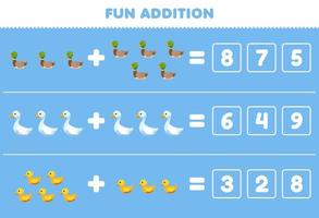 Lernspiel für Kinder Spaß Zusatz durch Erraten der richtigen Anzahl von niedlichen Cartoon-Enten-Entlein-Gans-Arbeitsblatt zum Ausdrucken auf dem Bauernhof vektor