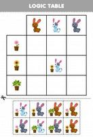 utbildning spel för barn logik tabell skära och match av söt tecknad serie blomma växt och kanin bild tryckbar bruka kalkylblad vektor