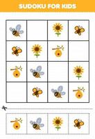 Bildungsspiel für Kinder Sudoku für Kinder mit niedlichem Cartoon-Bienen-Schmetterlings-Bienenstock-Sonnenblumen-Bauernhof-Arbeitsblatt zum Ausdrucken vektor