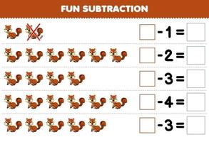 Lernspiel für Kinder Spaßsubtraktion durch Zählen des niedlichen Cartoon-Eichhörnchens in jeder Reihe und Eliminieren des druckbaren Tierarbeitsblatts vektor