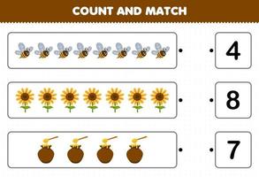 Bildungsspiel für Kinder Zählen Sie die Anzahl der niedlichen Cartoon-Bienen-Sonnenblumen-Honiggläser und passen Sie sie mit den richtigen Zahlen zum druckbaren Farm-Arbeitsblatt an vektor