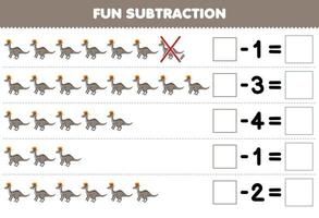 Lernspiel für Kinder Spaßsubtraktion durch Zählen des niedlichen Cartoon-Lambeosaurus in jeder Reihe und Eliminieren des druckbaren prähistorischen Dinosaurier-Arbeitsblatts vektor