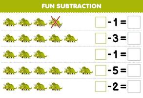 Lernspiel für Kinder Spaßsubtraktion durch Zählen von niedlichen Cartoon-Triceratops in jeder Reihe und Eliminieren des druckbaren prähistorischen Dinosaurier-Arbeitsblatts vektor
