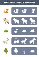 Bildungsspiel für Kinder Finden Sie die richtige Schattensilhouette des niedlichen Cartoon-Fuchs-Schaf-Busch-Ziege-Baum-Arbeitsblatts zum Ausdrucken auf dem Bauernhof vektor