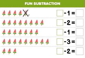 utbildning spel för barn roligt subtraktion förbi räkning tecknad serie isglass i varje rad och eliminera den tryckbar mat kalkylblad vektor