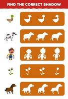 Bildungsspiel für Kinder Finden Sie die richtige Schattensilhouette des niedlichen Cartoon-Enten-Kuh-Bauern-Blumen-Pferd-Arbeitsblatts zum Ausdrucken auf dem Bauernhof vektor