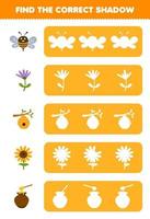 Bildungsspiel für Kinder Finden Sie die richtige Schattensilhouette des niedlichen Cartoon-Bienenblumen-Bienenstock-Sonnenblumenhonig-Arbeitsblatts zum Ausdrucken auf dem Bauernhof vektor