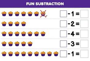 utbildning spel för barn roligt subtraktion förbi räkning tecknad serie muffin i varje rad och eliminera den tryckbar mat kalkylblad vektor