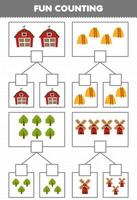 utbildning spel för barn roligt räkning bild i varje låda av söt tecknad serie ladugård höstack träd väderkvarn tryckbar bruka kalkylblad vektor