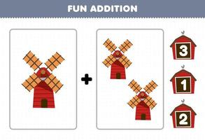 Lernspiel für Kinder Spaß Addition durch Zählen und wählen Sie die richtige Antwort des niedlichen Cartoon-Windmühlen-Bauernhof-Arbeitsblatts zum Ausdrucken vektor