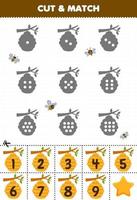 Lernspiel für Kinder Zählen Sie die Punkte auf jeder Silhouette und ordnen Sie sie dem korrekt nummerierten Bienenstock-Arbeitsblatt zum Ausdrucken zu vektor
