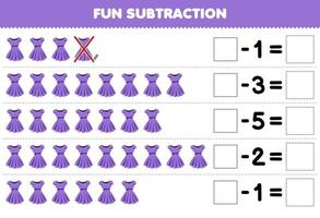 utbildning spel för barn roligt subtraktion förbi räkning tecknad serie lila klänning i varje rad och eliminera den tryckbar wearable kläder kalkylblad vektor