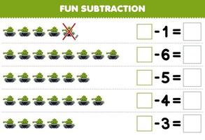 Lernspiel für Kinder Spaßsubtraktion durch Zählen des Cartoon-grünen Tanks in jeder Reihe und Eliminieren des druckbaren Transportarbeitsblatts vektor