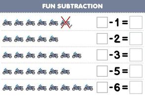 utbildning spel för barn roligt subtraktion förbi räkning tecknad serie grå motorcykel i varje rad och eliminera den tryckbar transport kalkylblad vektor