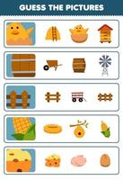 utbildning spel för barn gissa de korrekt bilder av söt tecknad serie brud tunna staket majs ost tryckbar bruka kalkylblad vektor