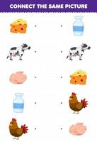 Bildungsspiel für Kinder Verbinden Sie das gleiche Bild des niedlichen Cartoon-Käse-Kuhfleisch-Milchhuhn-Arbeitsblatts zum Ausdrucken auf dem Bauernhof vektor