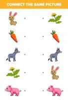 Bildungsspiel für Kinder Verbinden Sie das gleiche Bild des niedlichen Cartoon-Kaninchens, Karotte, Esel, Blume, Schwein, druckbares Farm-Arbeitsblatt vektor