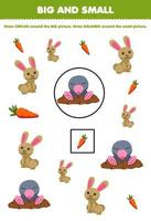 Bildungsspiel für Kinder Ordnen Sie nach Größe groß oder klein, indem Sie Kreis und Quadrat des niedlichen Cartoon-Kaninchen-Karotten-Maulwurfs zum Ausdrucken des Farm-Arbeitsblatts zeichnen vektor