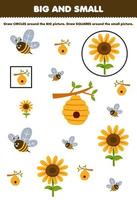 Bildungsspiel für Kinder Ordnen Sie nach Größe groß oder klein, indem Sie Kreis und Quadrat des niedlichen Cartoon-Bienen-Bienenstock-Sonnenblumen-Arbeitsblatts zum Ausdrucken auf dem Bauernhof zeichnen vektor