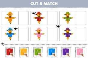 utbildning spel för barn skära och match de samma Färg av söt tecknad serie scarecrow tryckbar bruka kalkylblad vektor
