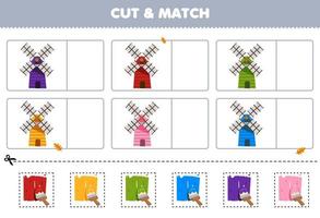 utbildning spel för barn skära och match de samma Färg av söt tecknad serie väderkvarn tryckbar bruka kalkylblad vektor