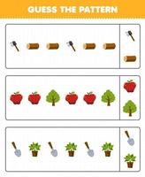 Lernspiel für Kinder Erraten Sie das Muster jeder Reihe aus dem niedlichen Cartoon-Axt-Holzstamm Apfelbaum-Schaufel-Pflanze-Arbeitsblatt zum Ausdrucken auf dem Bauernhof vektor