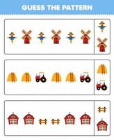utbildning spel för barn gissa de mönster varje rad från söt tecknad serie scarecrow väderkvarn höstack traktor ladugård staket tryckbar bruka kalkylblad vektor