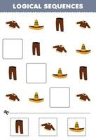Lernspiel für Kinder logische Sequenzen für Kinder mit niedlicher Cartoon-Jacke, Sombrero-Hut, Hose, druckbarem Arbeitsblatt für tragbare Kleidung vektor