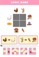 Bildungsspiel für Kinder Logikpuzzle Bauen Sie die Straße für niedliche Cartoon-Huhn und Hasen Arbeitsblatt zum Ausdrucken auf dem Bauernhof vektor