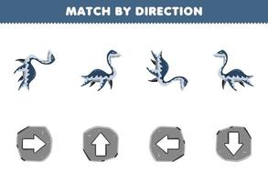 utbildning spel för barn match förbi riktning vänster rätt upp eller ner orientering av söt tecknad serie plesiosaurus tryckbar förhistorisk dinosaurie kalkylblad vektor