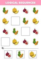 utbildning spel för barn logisk sekvenser för barn med söt tecknad serie papaya Durian fikon tryckbar frukt kalkylblad vektor