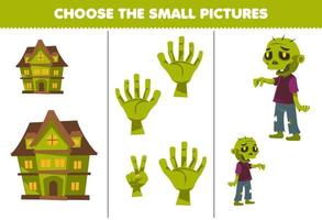 utbildning spel för barn välja de små bild av söt tecknad serie grön zombie hand läskigt hus tryckbar halloween kalkylblad vektor
