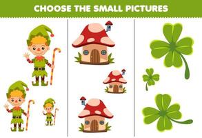 Bildungsspiel für Kinder Wählen Sie das kleine Bild des niedlichen Cartoon-Kleeblatt-Pilzhaus-Zwergkostüms zum Ausdrucken des Halloween-Arbeitsblatts vektor