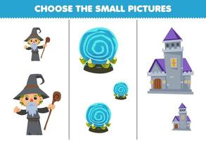 Bildungsspiel für Kinder Wählen Sie das kleine Bild des niedlichen Cartoon-Zauberkugel-Schloss-Zauberers zum Ausdrucken des Halloween-Arbeitsblatts vektor