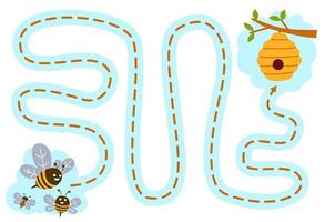 Erziehungsspiel für Kinder Handschriftübung Verfolgen Sie die Linien Helfen Sie der niedlichen Cartoon-Biene, sich zum druckbaren Arbeitsblatt für den Bienenstock zu bewegen vektor