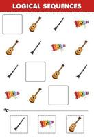 bildungsspiel für kinder logische sequenzen für kinder mit cartoon-gitarrenklarinette xylophon druckbares musikinstrument arbeitsblatt vektor
