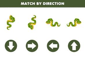utbildning spel för barn match förbi riktning vänster rätt upp eller ner orientering av söt tecknad serie orm tryckbar djur- kalkylblad vektor
