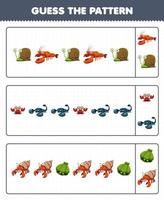 Lernspiel für Kinder Erraten Sie das Muster jeder Reihe aus dem niedlichen Cartoon-Schnecke-Hummer-Krabben-Skorpion-Muschel-Arbeitsblatt zum Ausdrucken von Hartschalentieren vektor