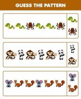 Lernspiel für Kinder Erraten Sie das Muster jeder Reihe aus dem Arbeitsblatt für niedliche Cartoon-Schlangen, Spinnen, Vogelspinnen, Affen, Pandas, Koala-Streifenhörnchen vektor