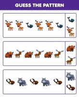 utbildning spel för barn gissa de mönster varje rad från söt tecknad serie rådjur skalbagge jak älg noshörning tryckbar horn djur- kalkylblad vektor