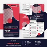 dreifach gefaltete Broschüren-Designvorlage für das Fitnessstudio, Fitness-Deckblatt und Broschüren-Yoga-Flyer-Designvorlage. vektor